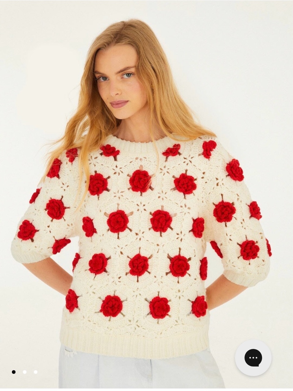 FARMRIO Cream Crochet Sweater with Red 3D Floral Applique